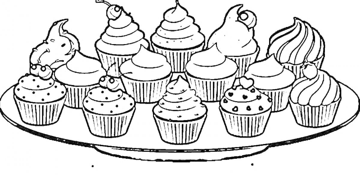 Раскраска Пирожные на тарелке с разными видами крема и украшений