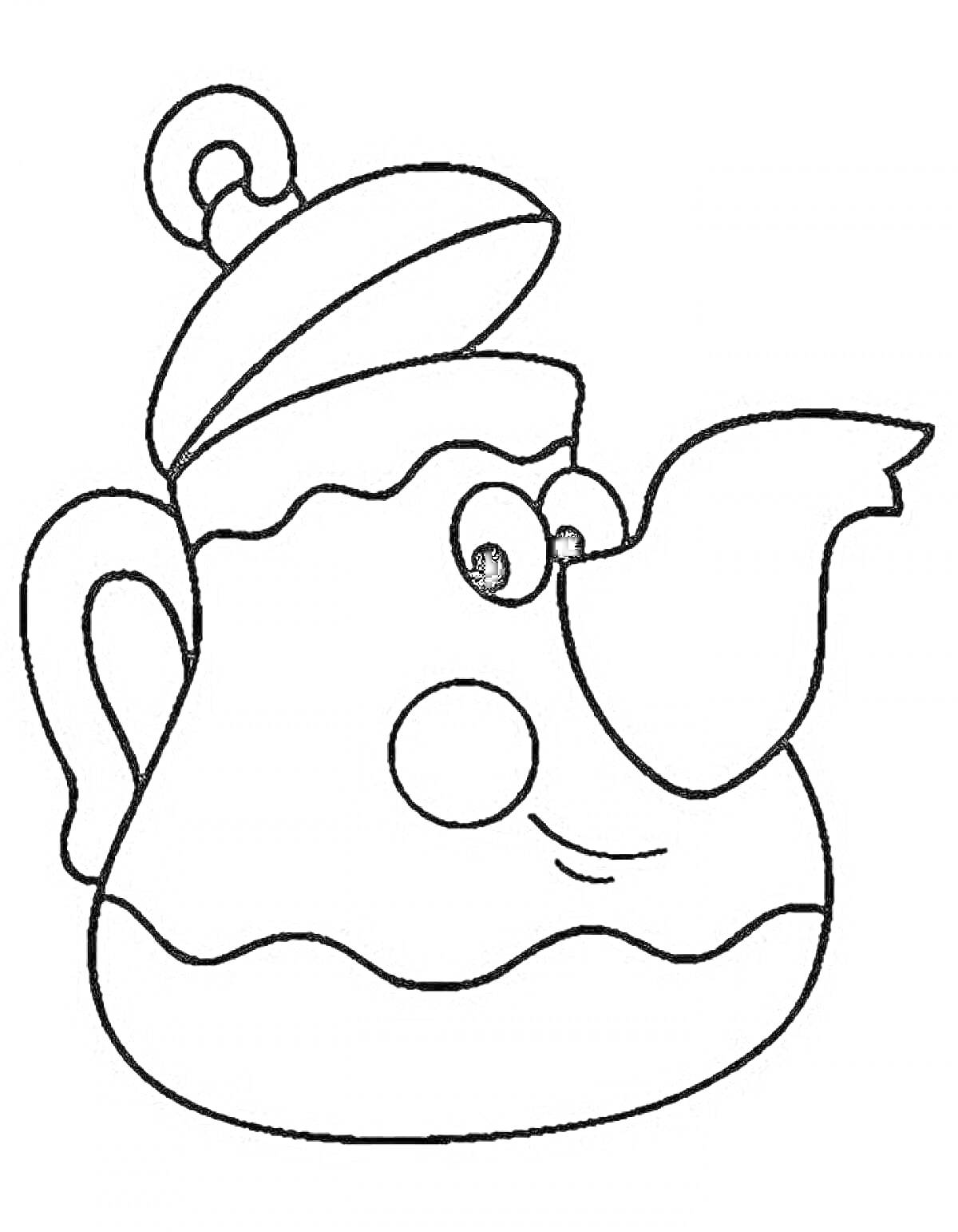 Раскраска Чайник с лицом и крышкой, чайник изображен с глазами и улыбкой, крышка приподнята