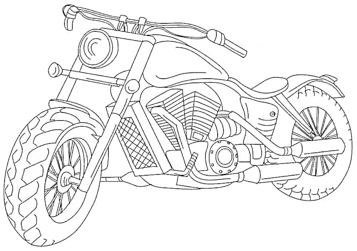 Раскраска Мотоцикл с большими колёсами, ручками и деталями двигателя
