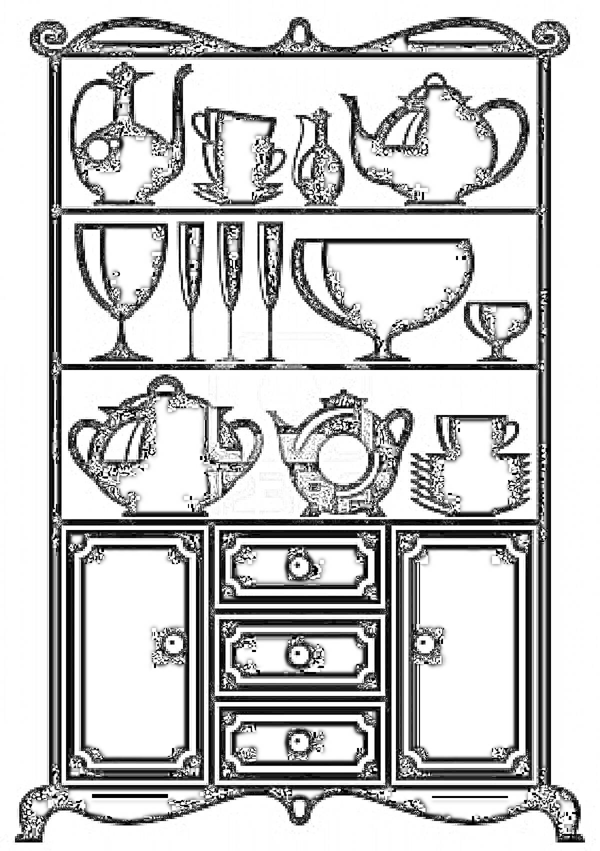 На раскраске изображено: Кухонный шкаф, Чайники, Чашки, Графин, Миска, Блюдца, Кухня