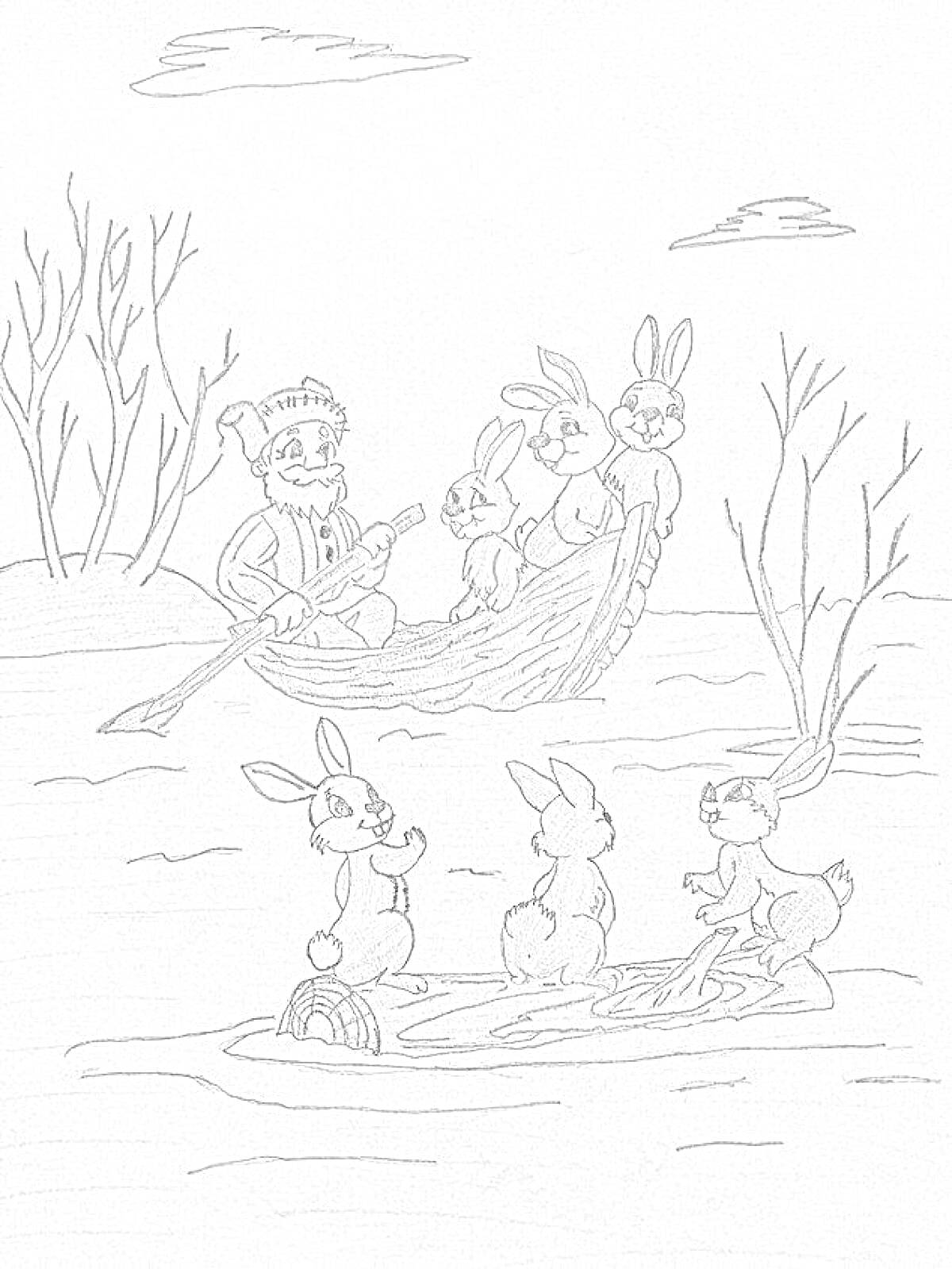 Раскраска Дед Мазай в лодке с четырьмя зайцами, два дерева и четыре зайца на плавающем бревне