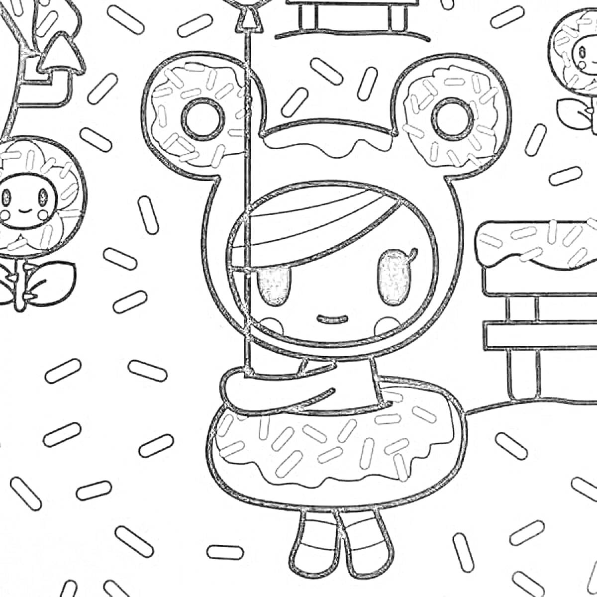 Раскраска Девочка на качелях в костюме пончика с ушками-медвежатами, окруженная мелкими персонажами в головных уборах