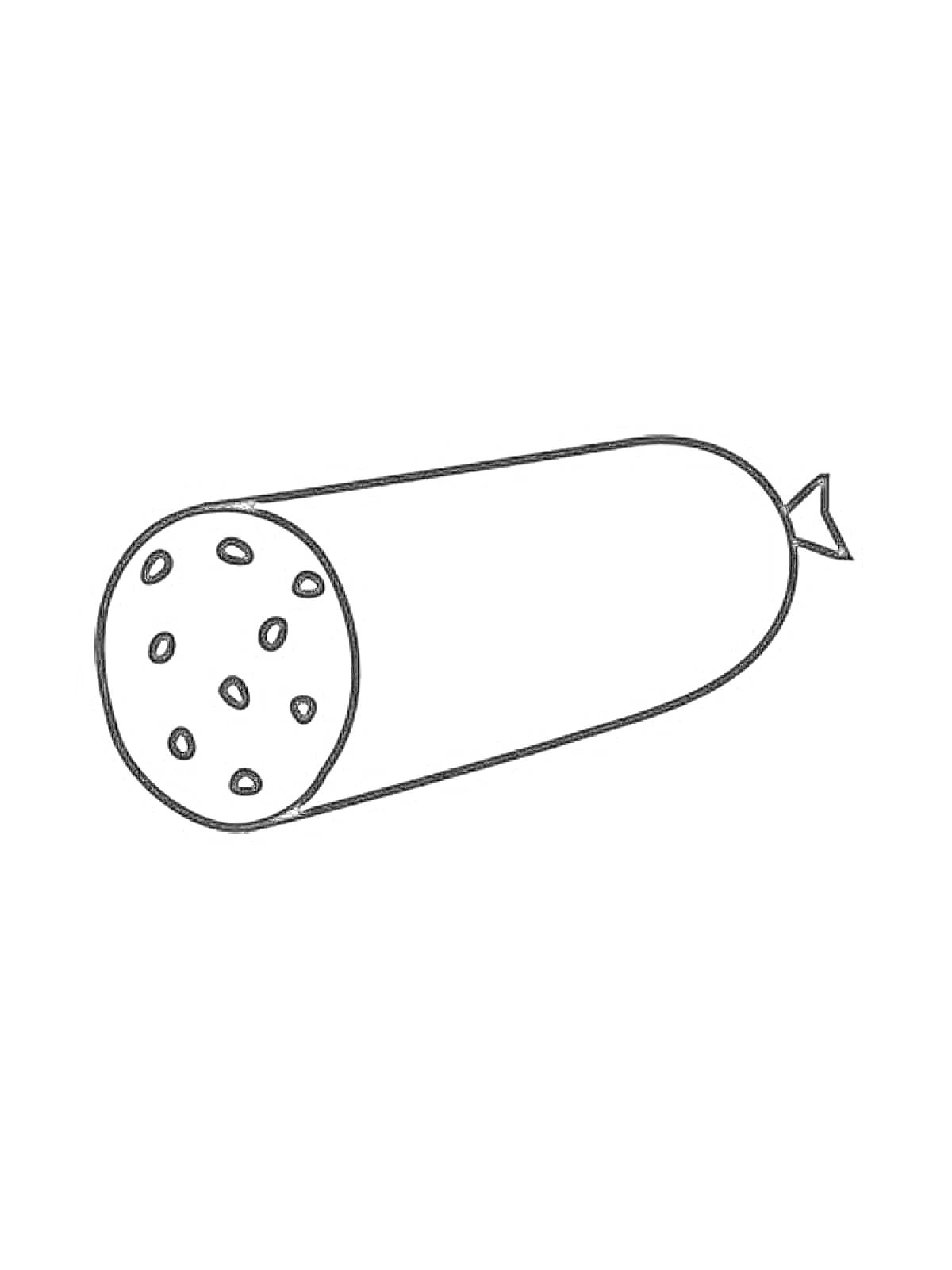 Раскраска Раскраска с изображением кусочка колбасы с нарезами и завязанным концом