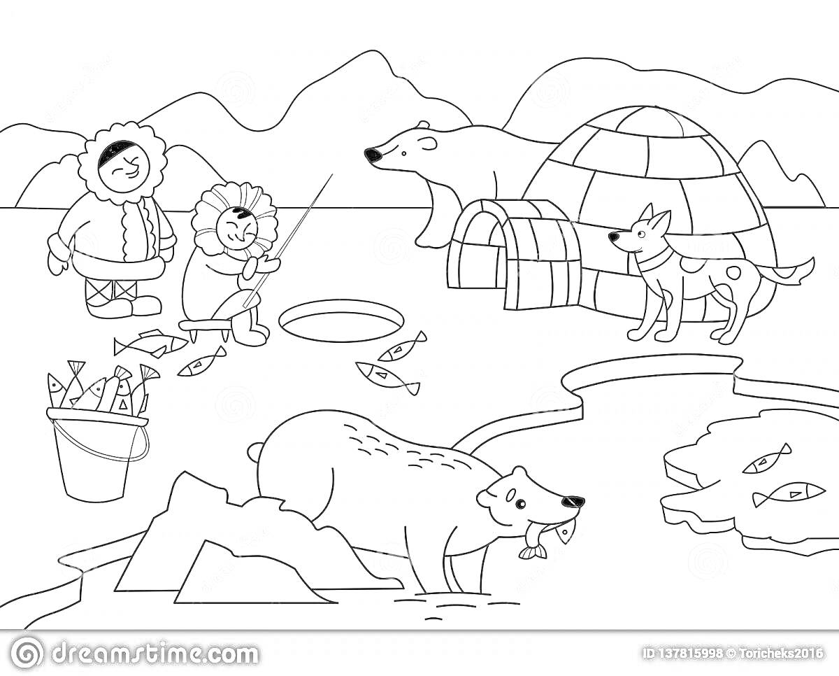 Раскраска Дети на севере, медведи, иглу, собака и рыбалка