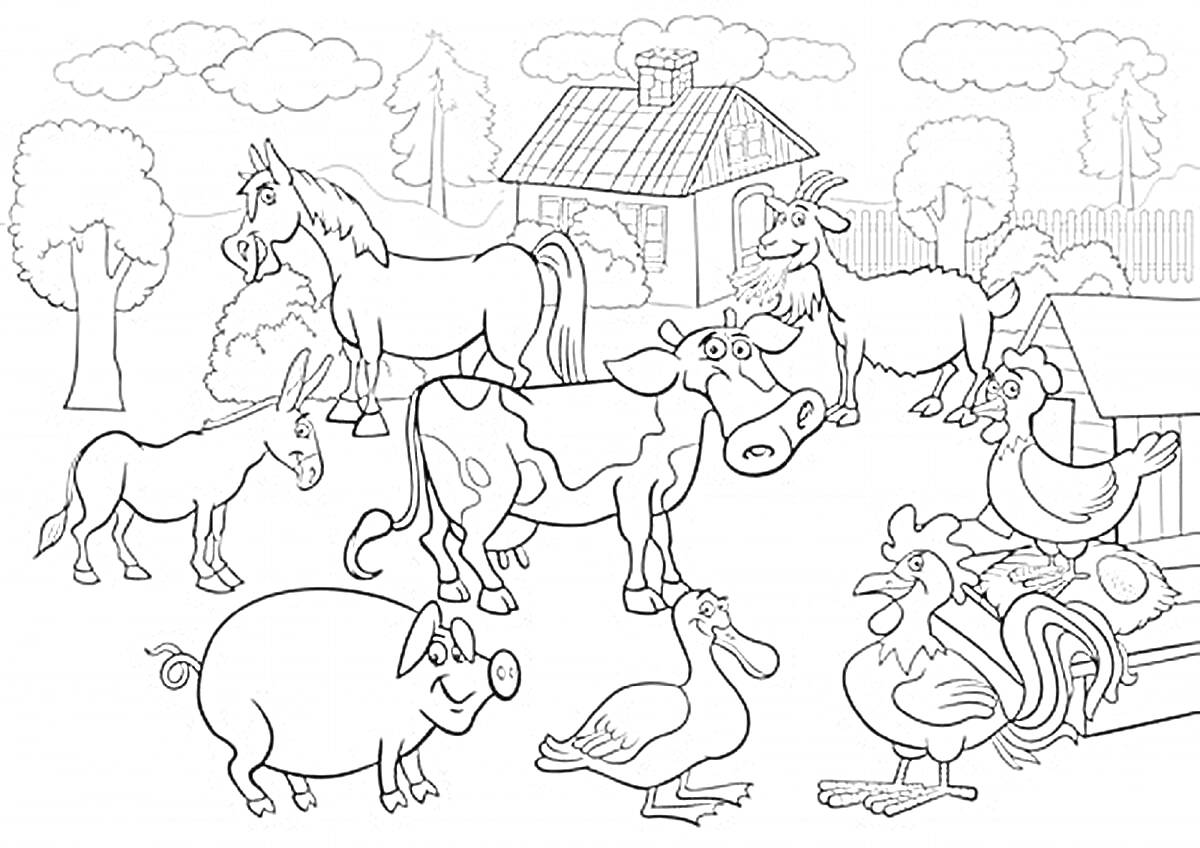 На раскраске изображено: Домашние животные, Ферма, Лошадь, Осел, Корова, Петух, Утка, Для детей, Козел, Курицы, Свиньи