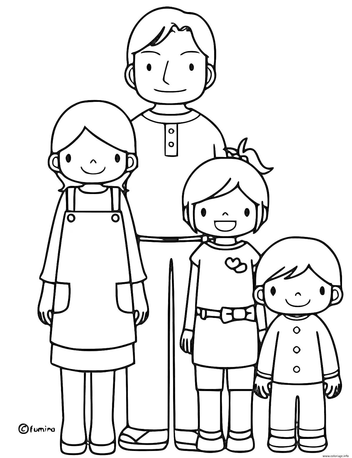 Раскраска Семья с двумя детьми улыбается (мама в фартуке, папа, дочь и сын)