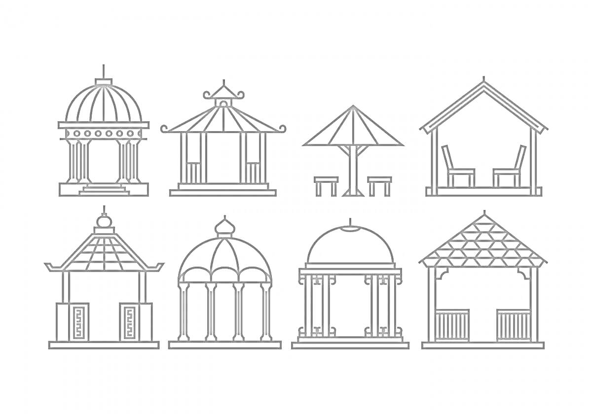 Раскраска Восемь различных беседок с элементами крыш, колонн, лавок и столов