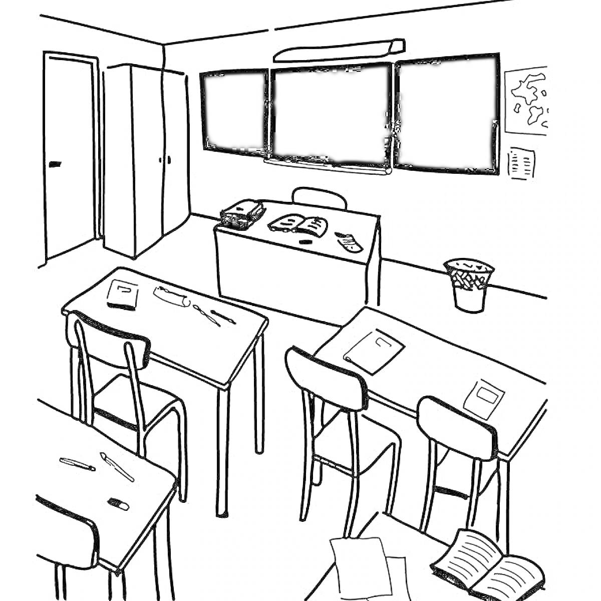 Раскраска Школьный класс с партами, стульями, доской, шкафом, и урной