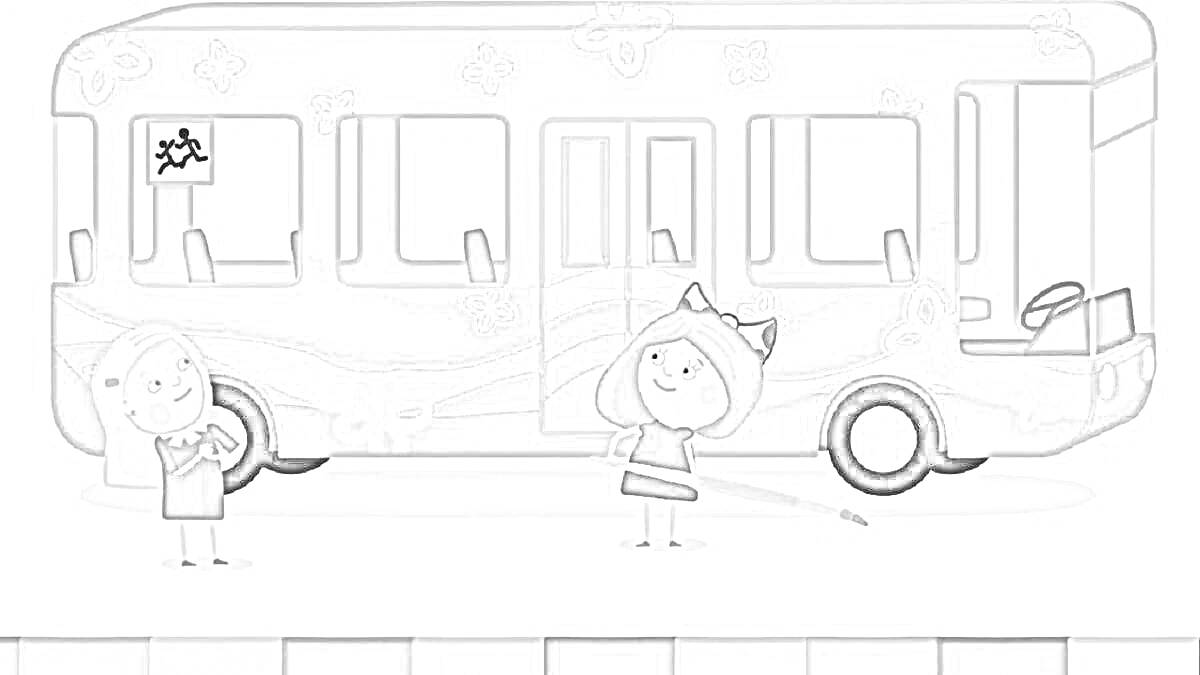 На раскраске изображено: Автобус, Расческа, Транспорт, Окна, Дверь, Девочка, Машины, Палки