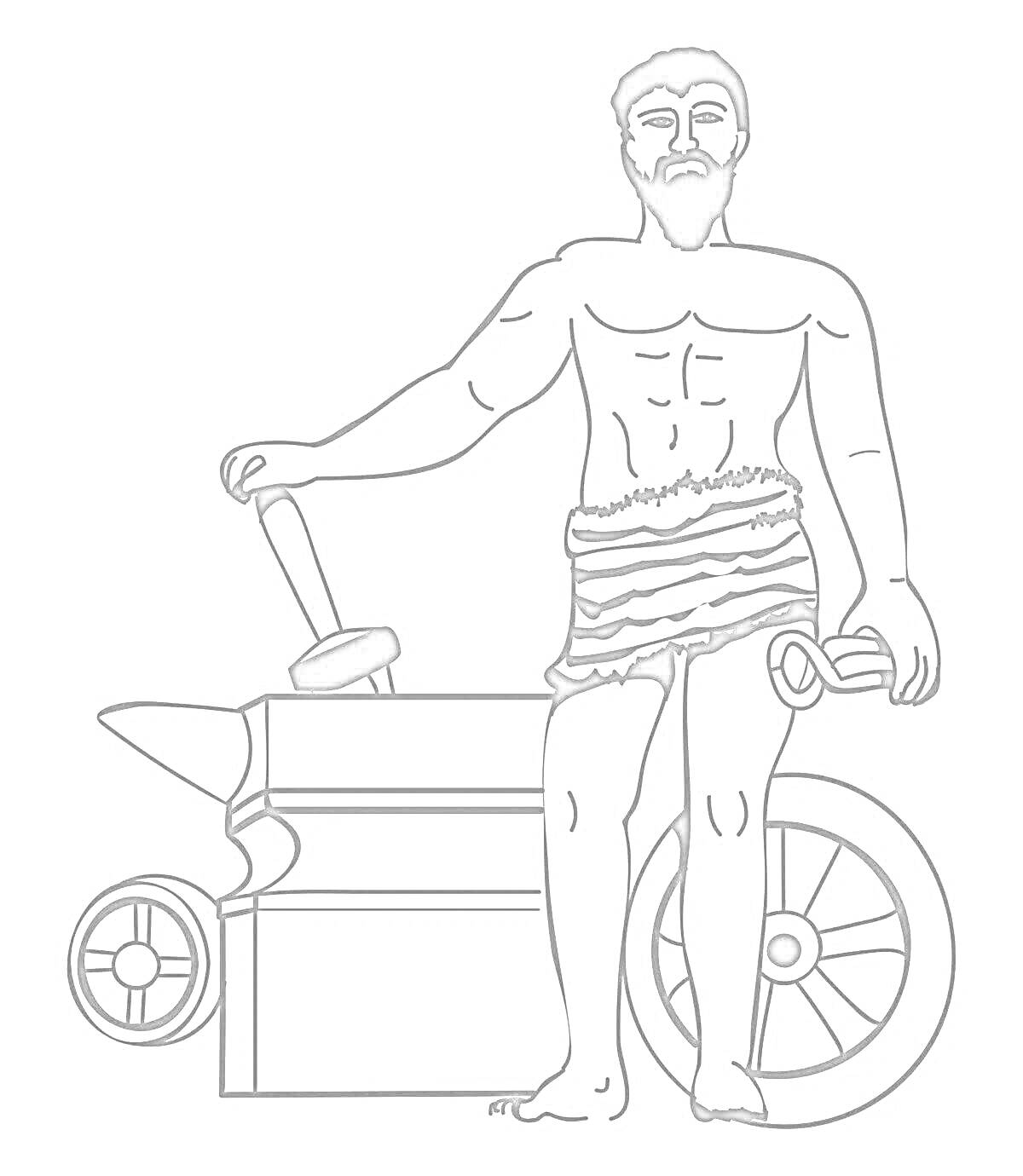 Раскраска Гефест у наковальни с молотом и куском металла, одно колесо на заднем плане