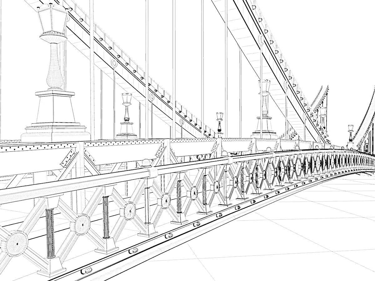 Раскраска Рисунок Крымский мост с поручнями, фонарями и опорами