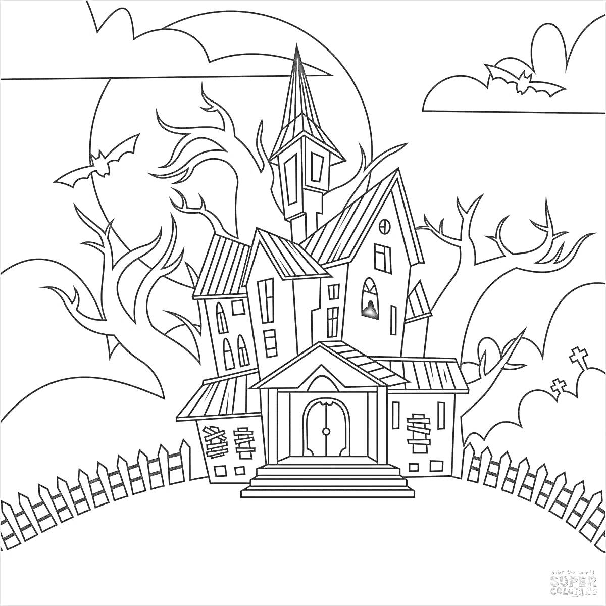 На раскраске изображено: Привидения, Деревья, Забор, Ночь, Дом с привидениями