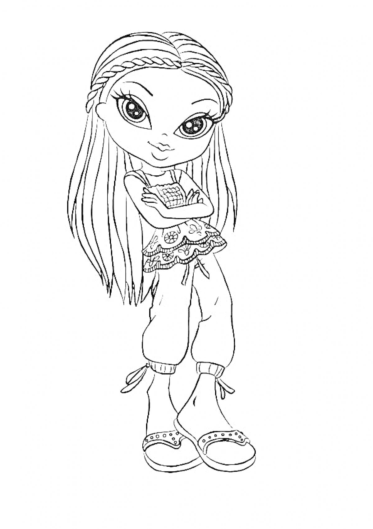 Раскраска Девочка Братц с длинными волосами, одетая в топ и брюки, с перекрещенными руками