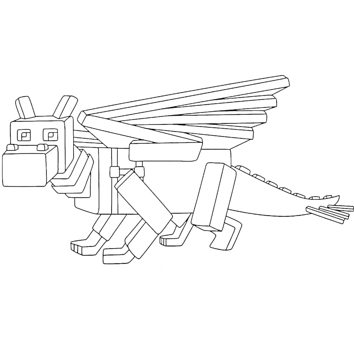 На раскраске изображено: Дракон, Майнкрафт, Квадратная голова, Крылья, Блоки, Пиксельный стиль