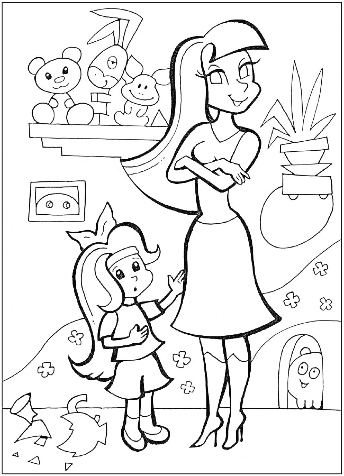 Раскраска Мама и дочка в комнате с игрушками, горшком с растением на полке, рамкой на стене, цветами на обоях, горами за окном и разбитыми горшками на полу