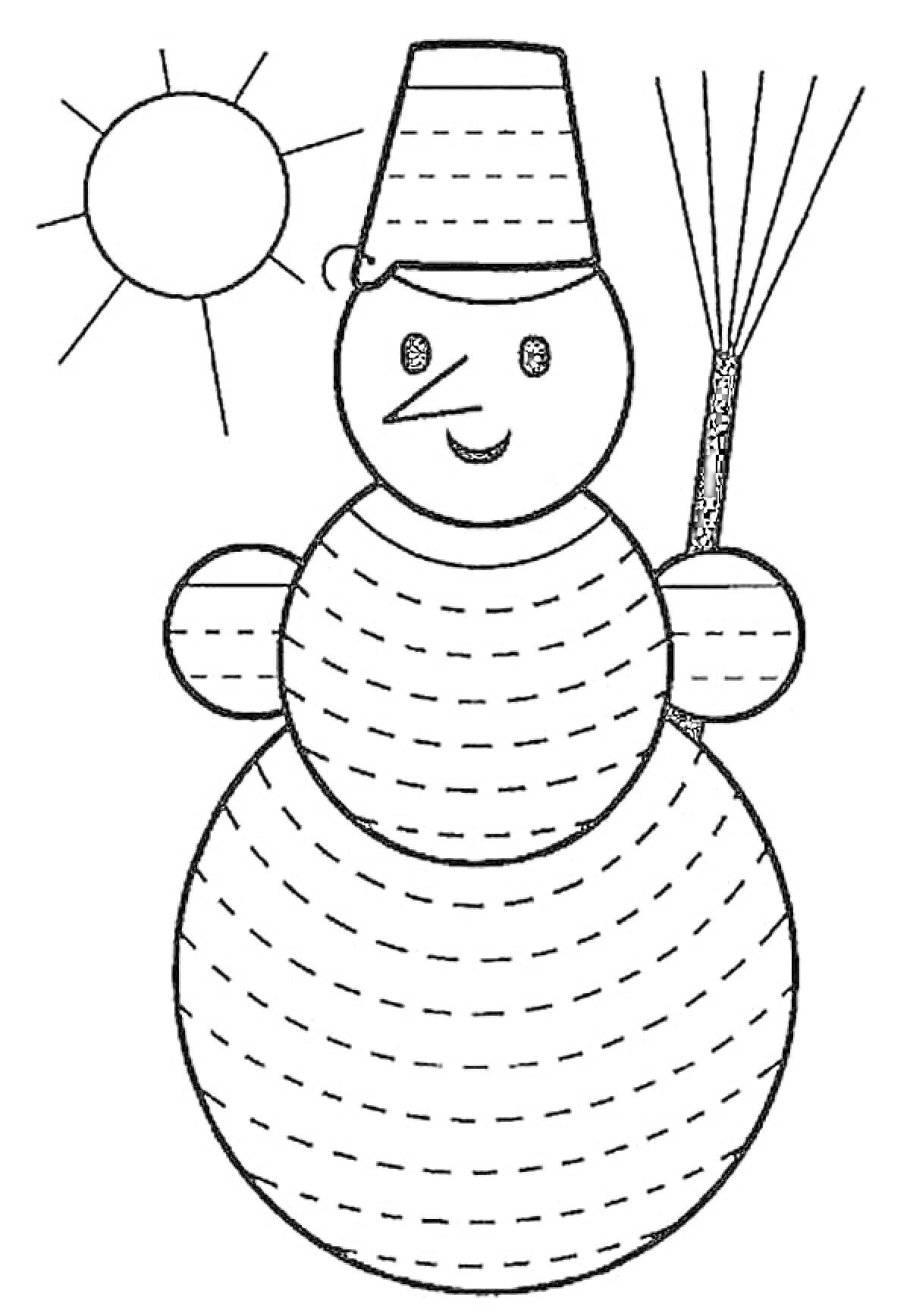 Раскраска Снеговик с ведром на голове, метла и солнце