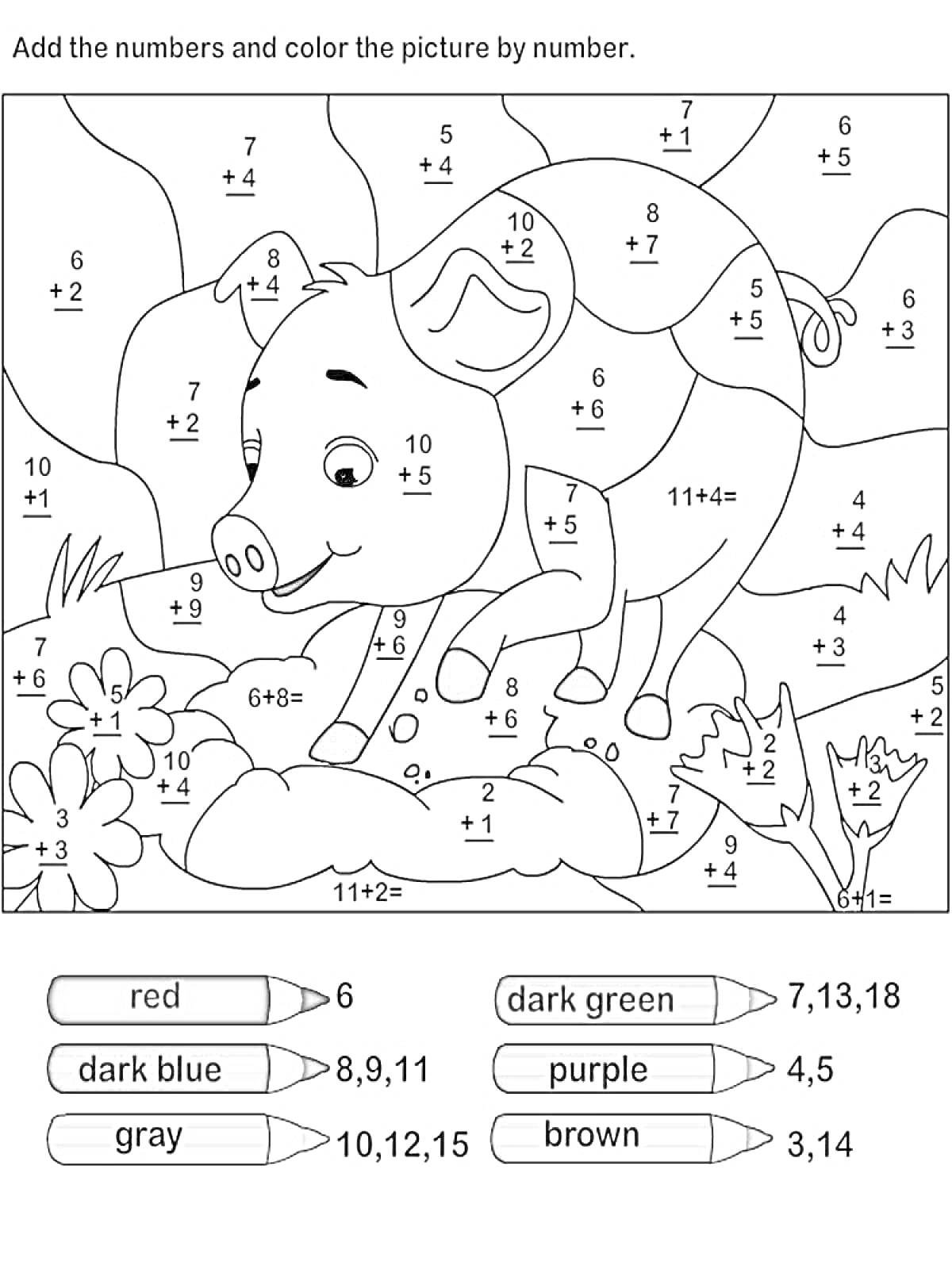 На раскраске изображено: Математика, Лес, Цветы, Сложение, Цифры, Листья, Поросята