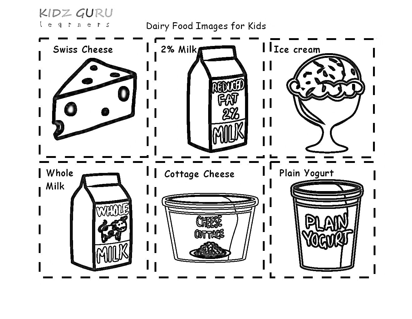 Dairy Food Images for Kids - Swiss Cheese, 2% Milk, Ice Cream, Whole Milk, Cottage Cheese, Plain Yogurt