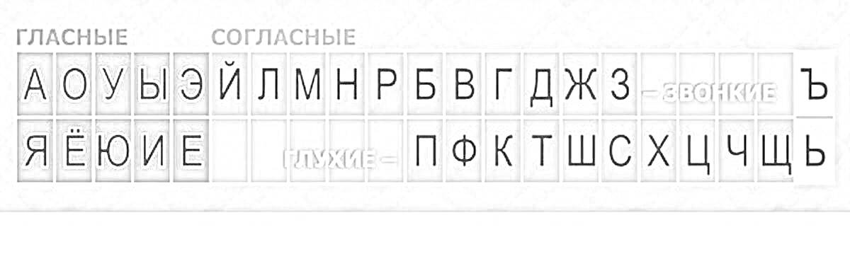 Раскраска Алфавитная лента с гласными, согласными буквами и разделением на звонкие и глухие согласные