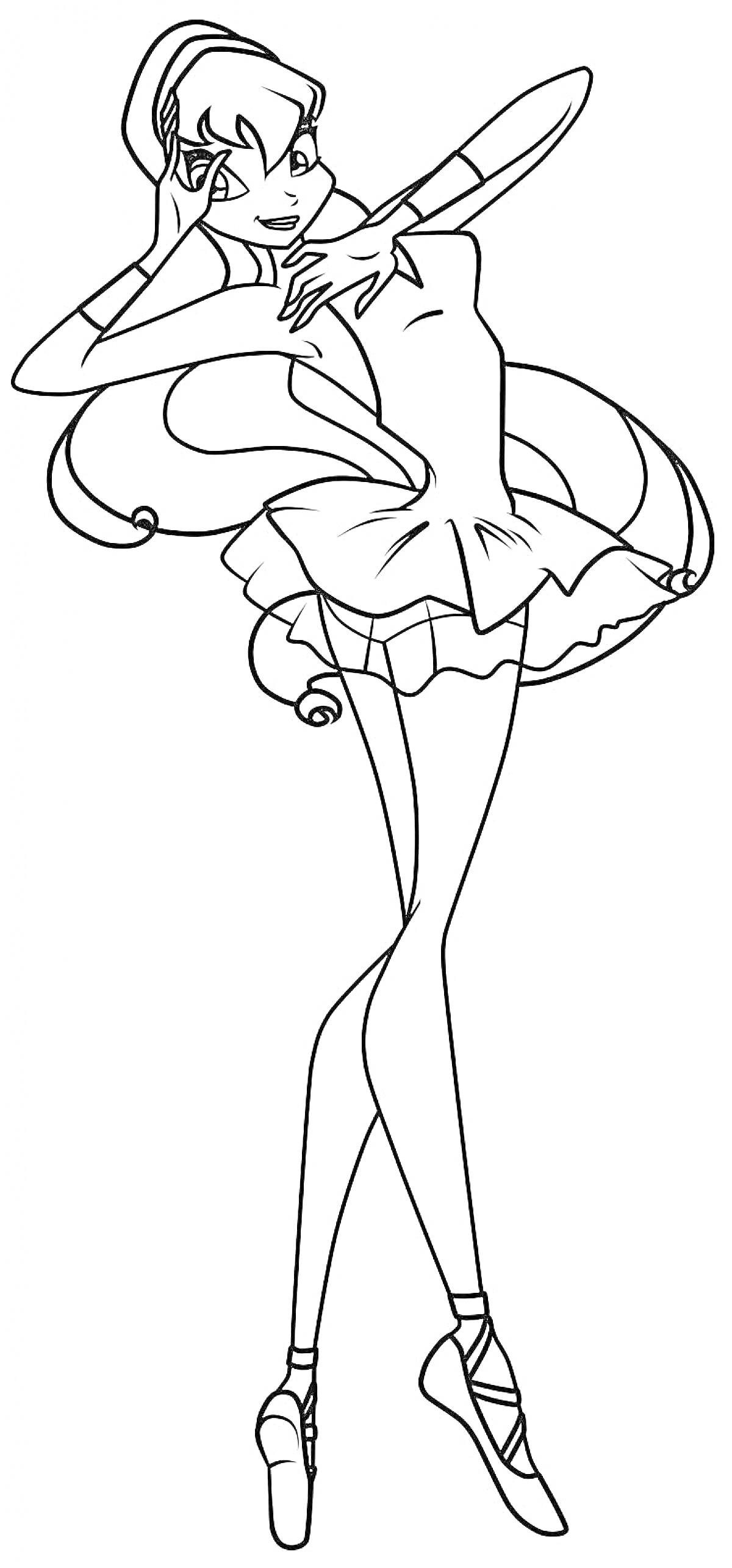 Раскраска Балерина в танце с высокой прической и платьем с рюшами