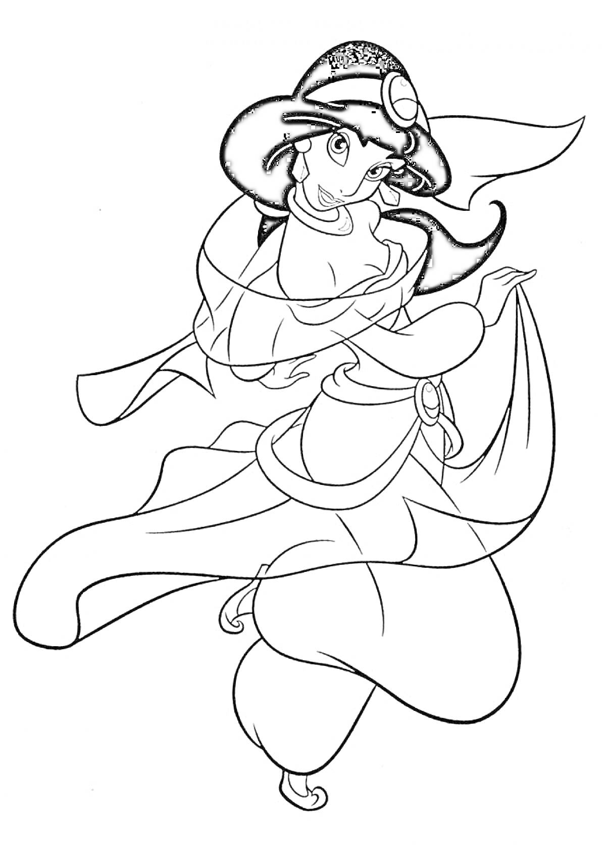 Раскраска Принцесса Жасмин в танцевальной позе (платье, браслеты, повязка на голове)