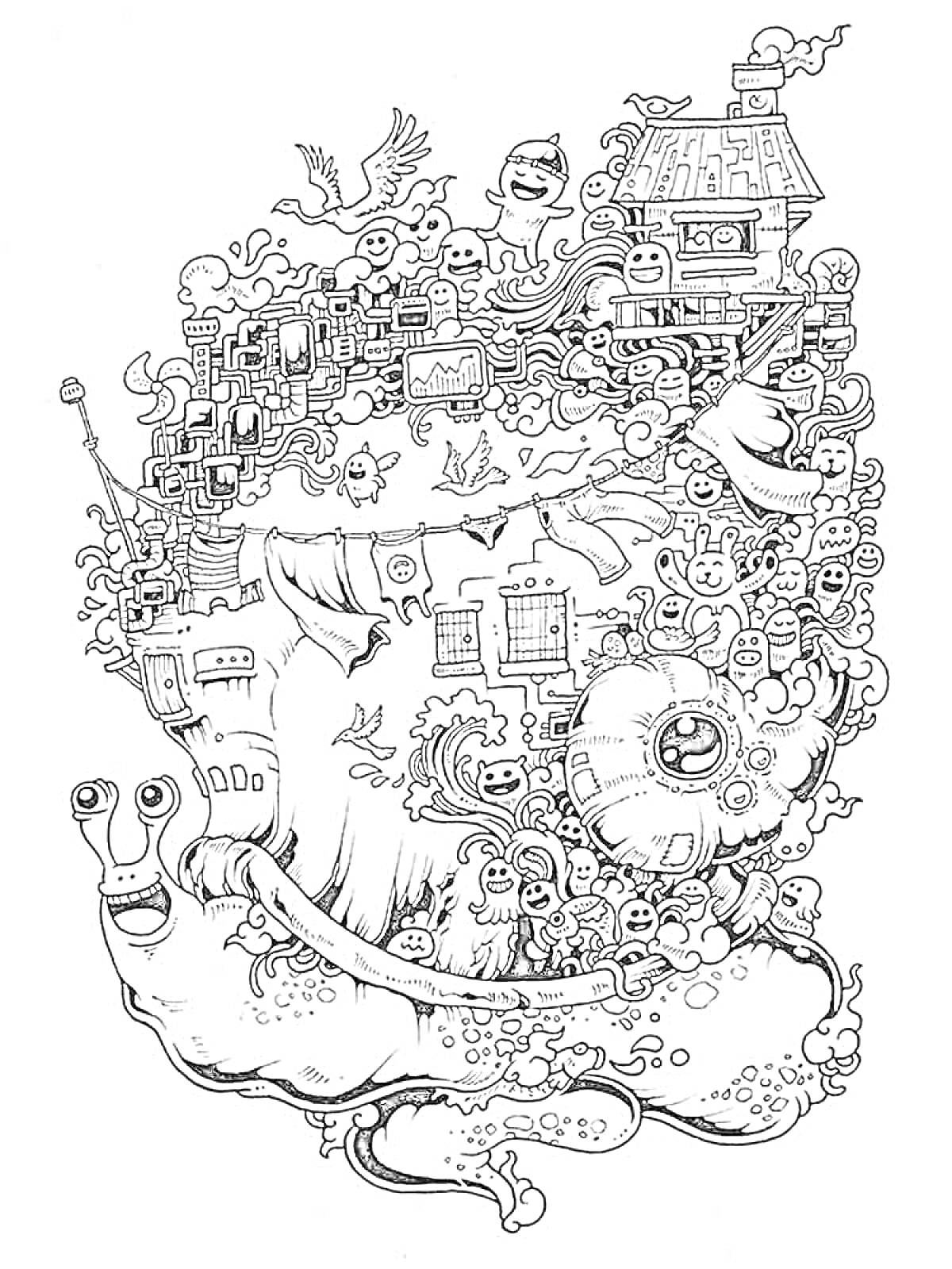 Раскраска Улитка с эклектичной массой мультяшных персонажей, зданий и объектов