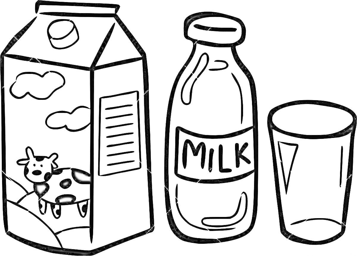 Раскраска Картонный пакет с молоком, бутылка молока и стакан