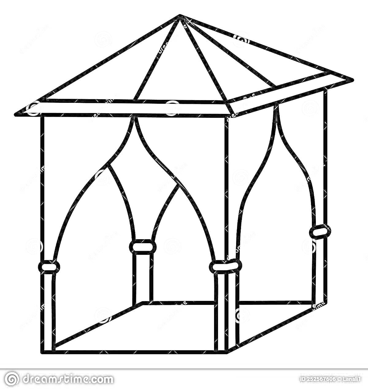 Раскраска Открытая беседка с арочными входами и четырехскатной крышей
