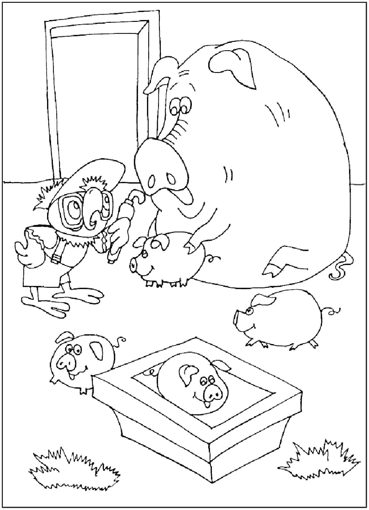 Раскраска Попугай Кеша с маленькими и большим свинками во дворе
