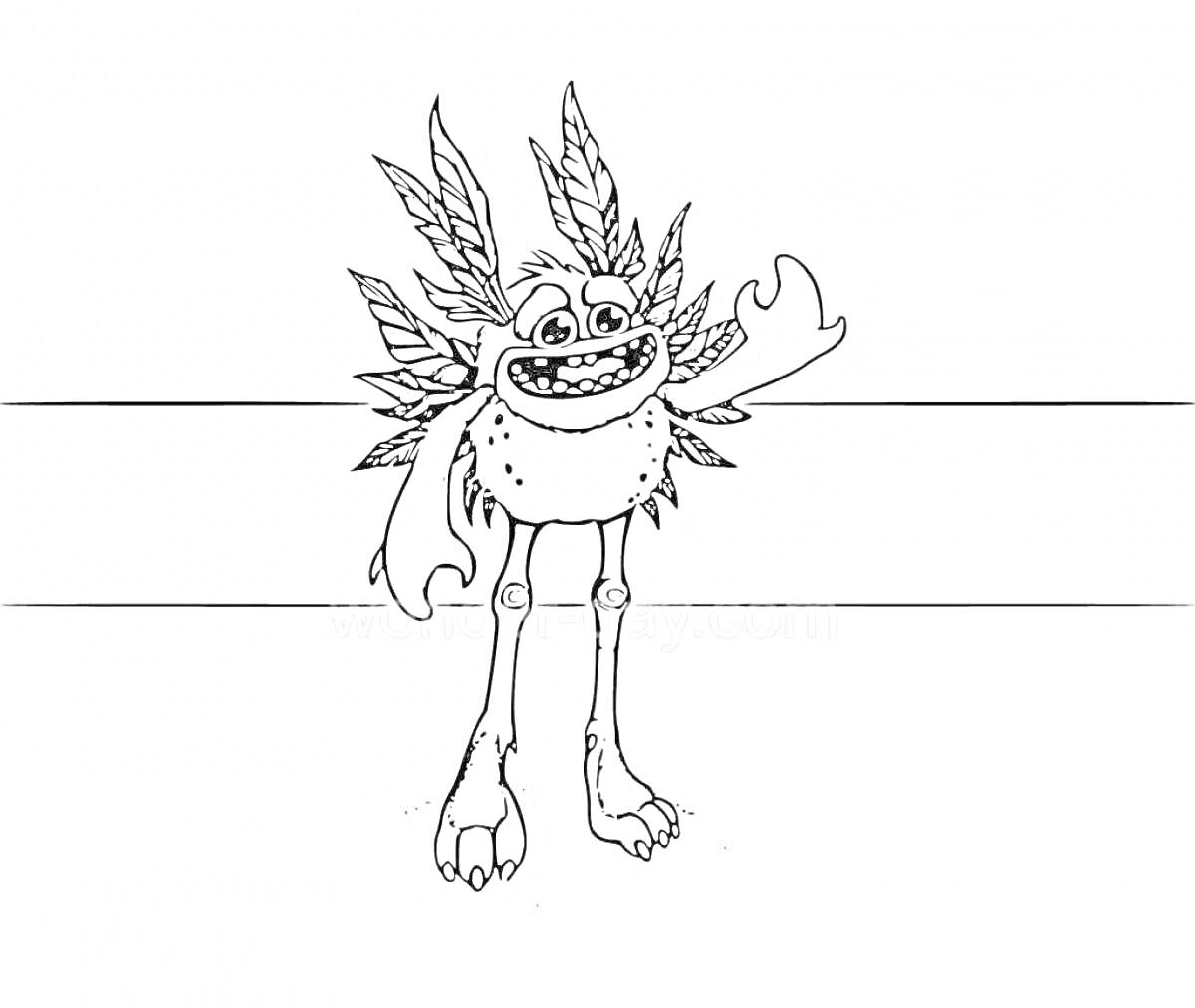 Раскраска Монстр с листьями на голове и четырьмя руками на фоне горизонтальных линий