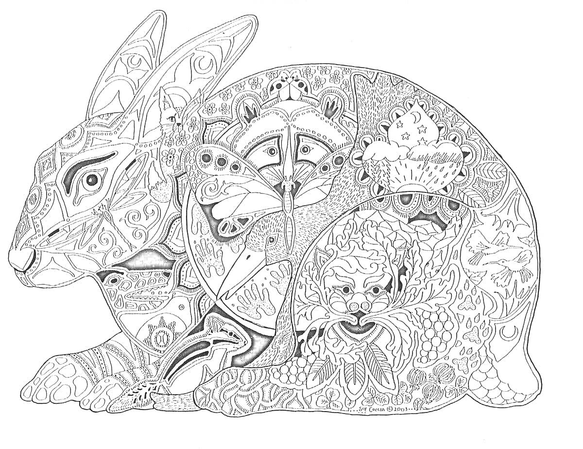 Кролик с орнаментами и скрытыми элементами (маска, лицо, строение, цветы)