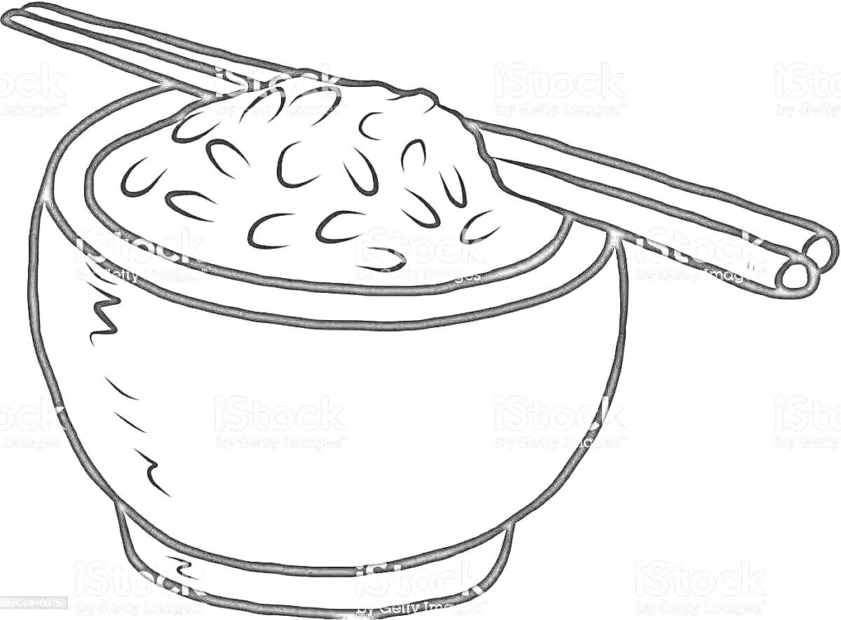 Раскраска Миска с рисом и палочками для еды
