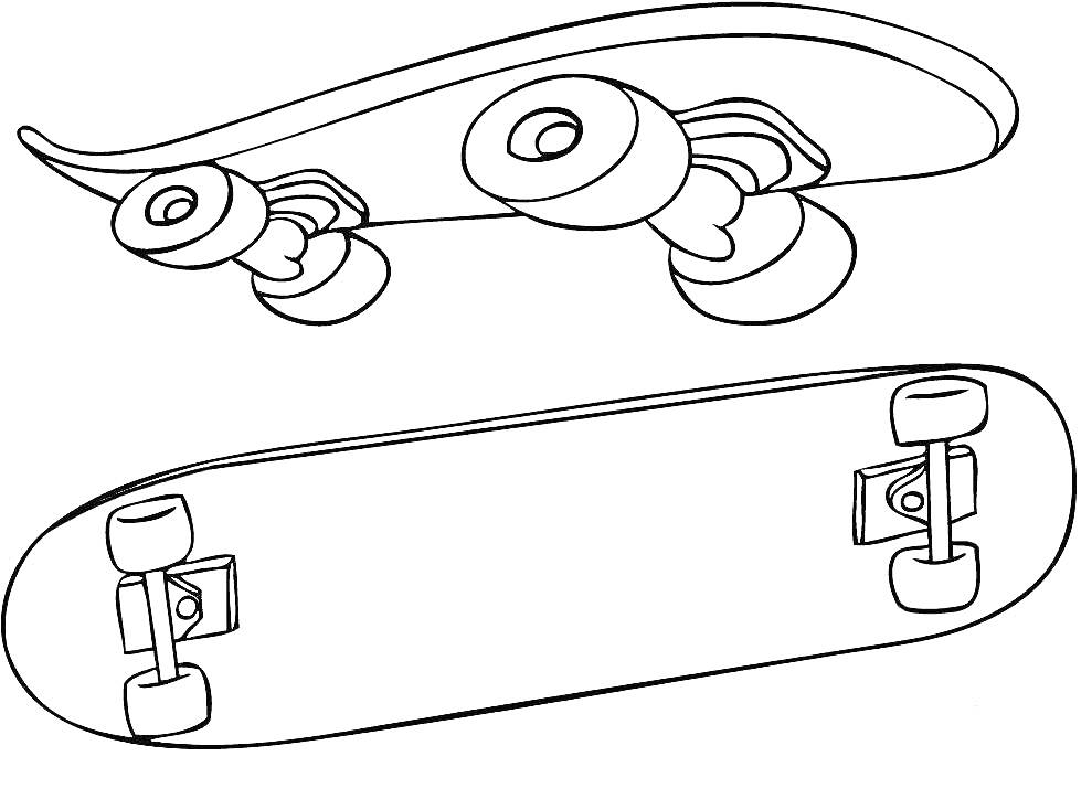Два скейтборда - один вид снизу, другой вид сверху, показаны колеса и подвески