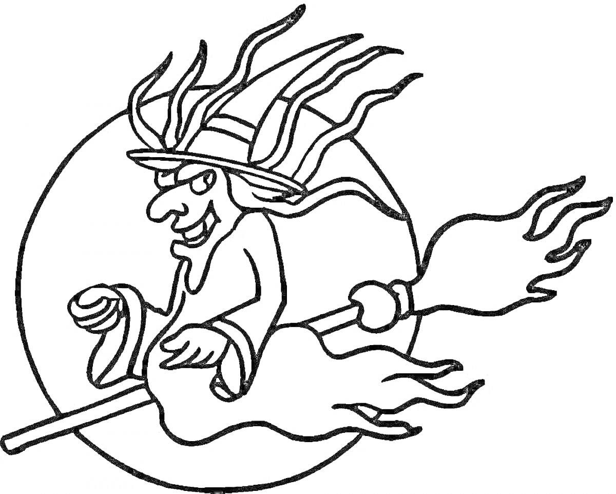 На раскраске изображено: Ведьма, Луна, Метла, Полет, Длинные волосы, Шляпа, Для детей