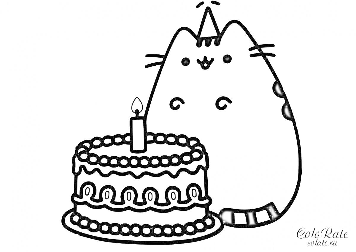 На раскраске изображено: Кот, Торт, Вечеринка, День рождения