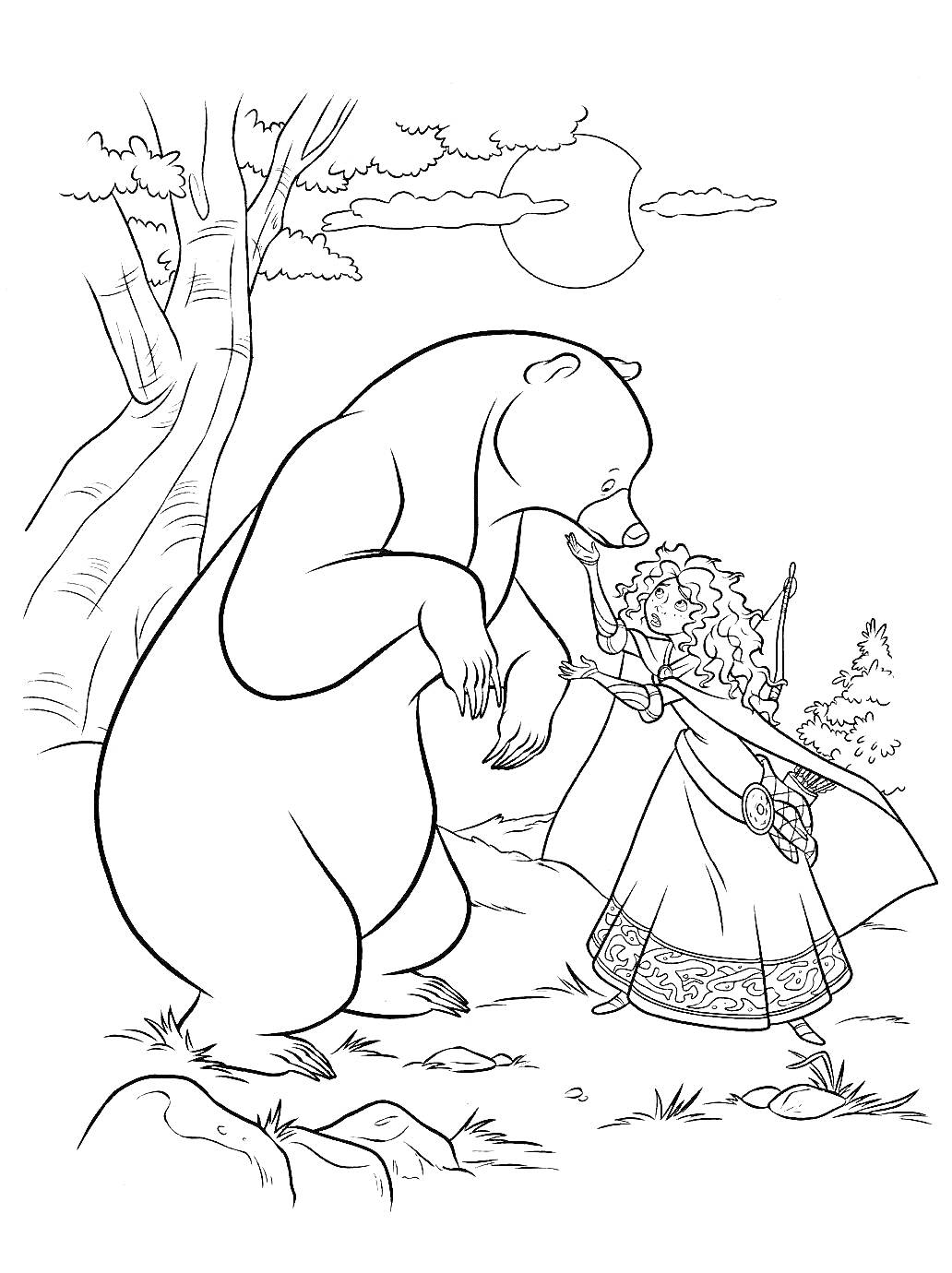 Девочка с луком и стрелами тянется к медведю на фоне дерева и луны