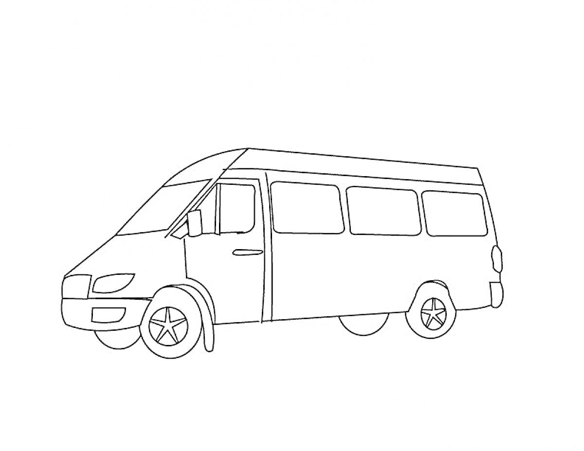 На раскраске изображено: Микроавтобус, Транспорт, Колёса, Окна
