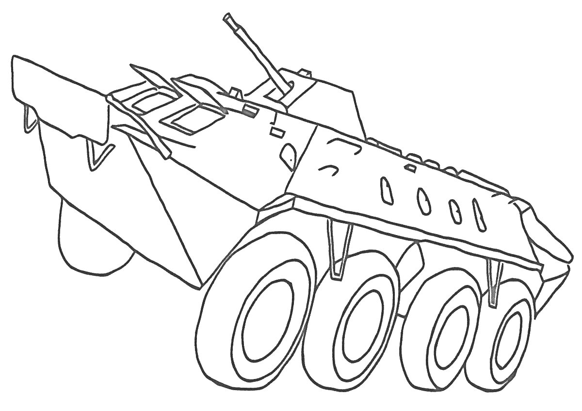 На раскраске изображено: БТР, Бронетранспортер, Военная техника, Транспорт, Колёса, Пушка