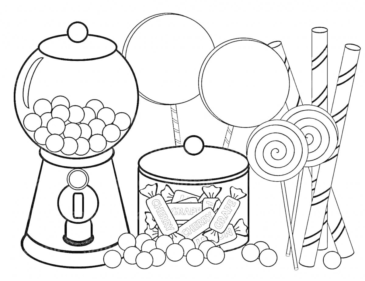 На раскраске изображено: Жевательная резинка, Автомат, Леденцы, Конфеты, Банка, Завитки