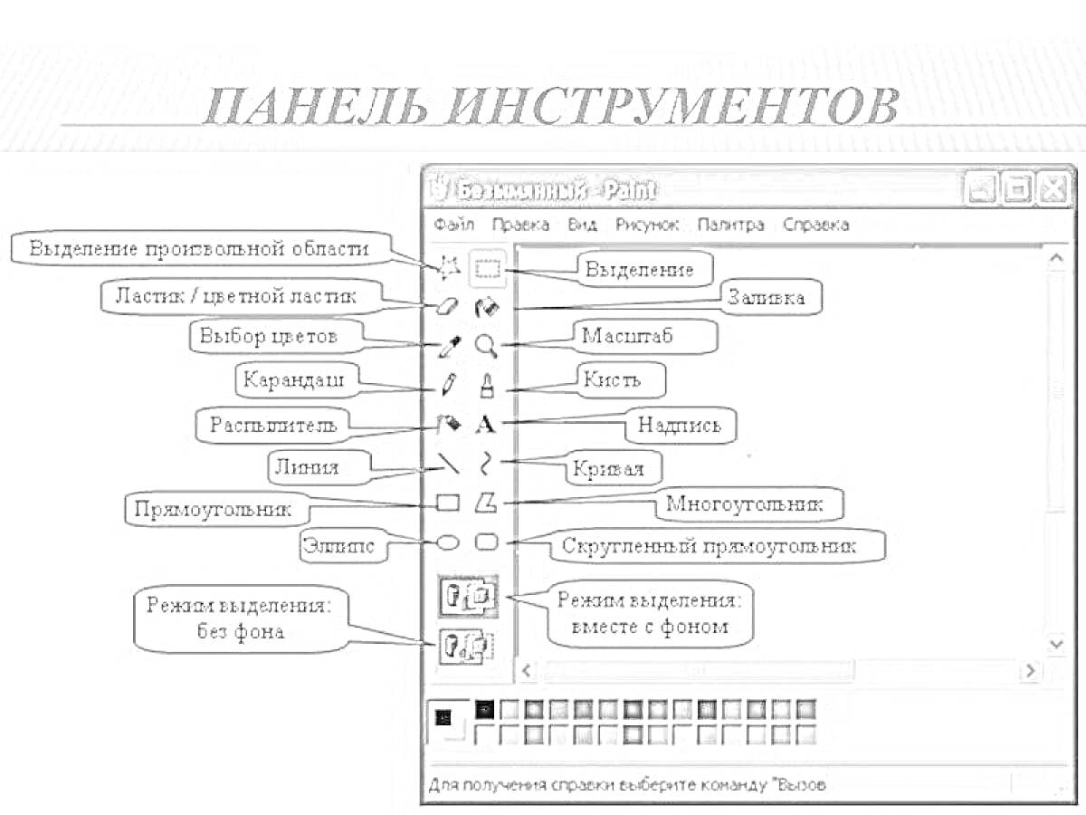 На раскраске изображено: Панель инструментов, MS Paint, Выделение, Ластик, Выбор цвета, Заливка, Многоугольник, Текст, Увеличение, Пипетка