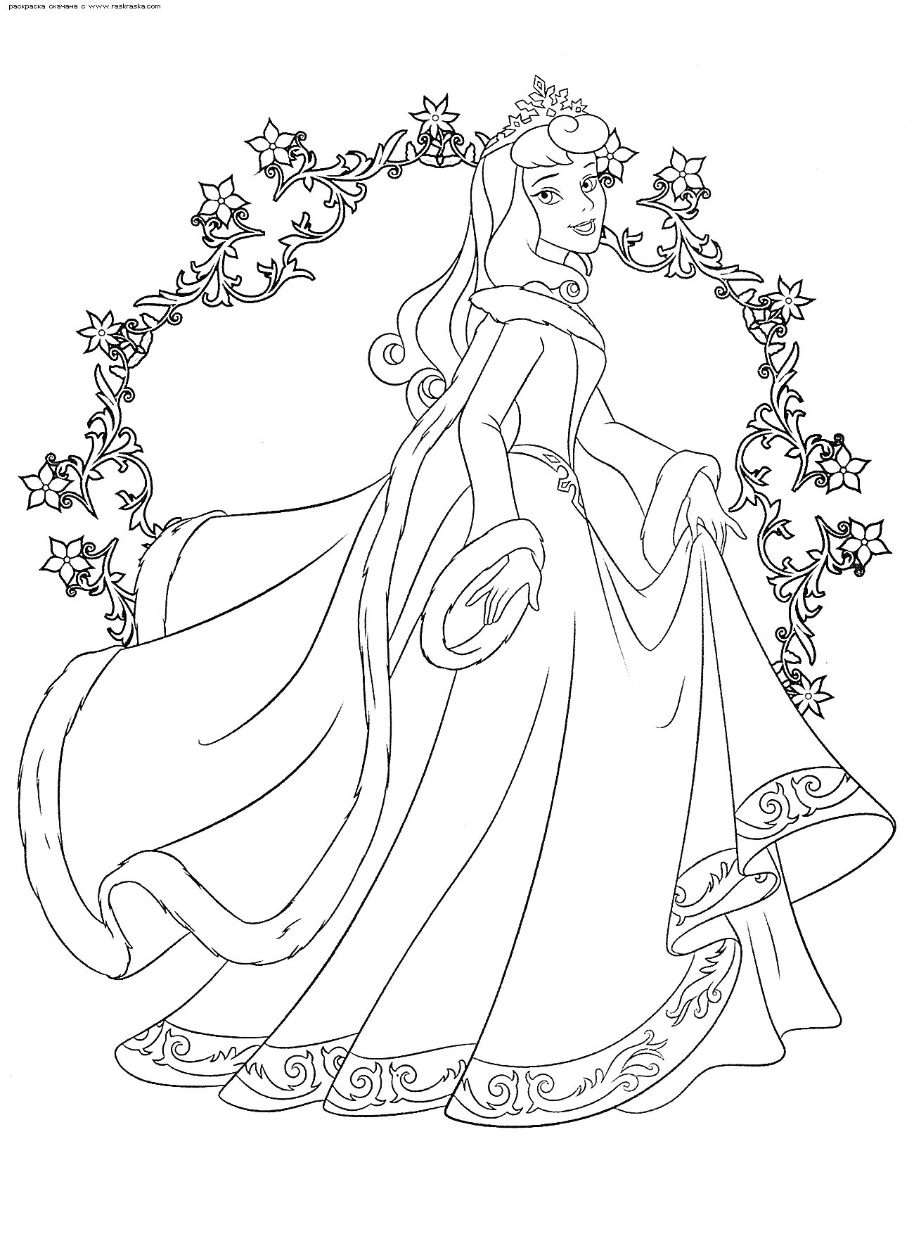 На раскраске изображено: Принцесса, Дворец, Платье, Корона, Цветы, Орнамент, Королевство