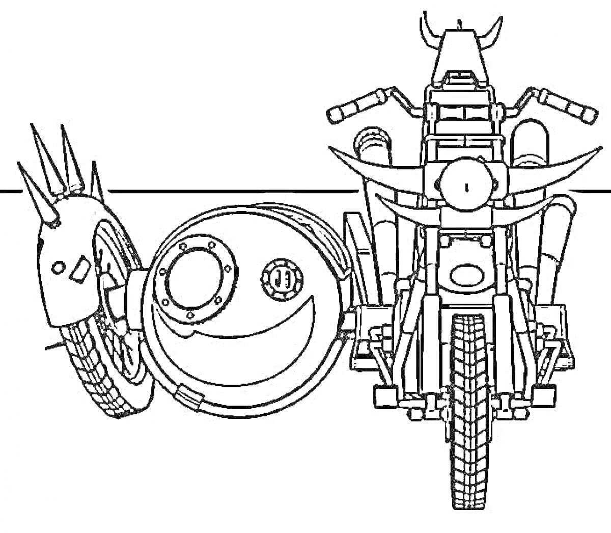 На раскраске изображено: Мотоцикл, Урал, Коляска, Рога