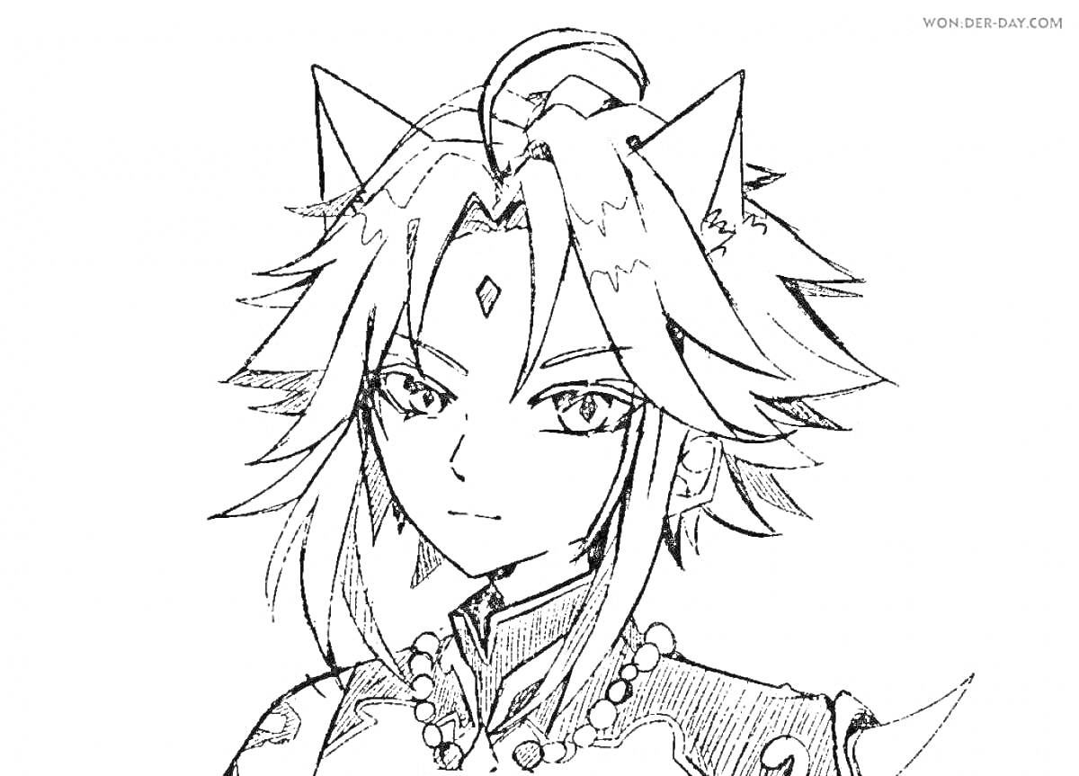 Раскраска Персонаж из Genshin Impact с ушками, украшениями, и длинными волосами