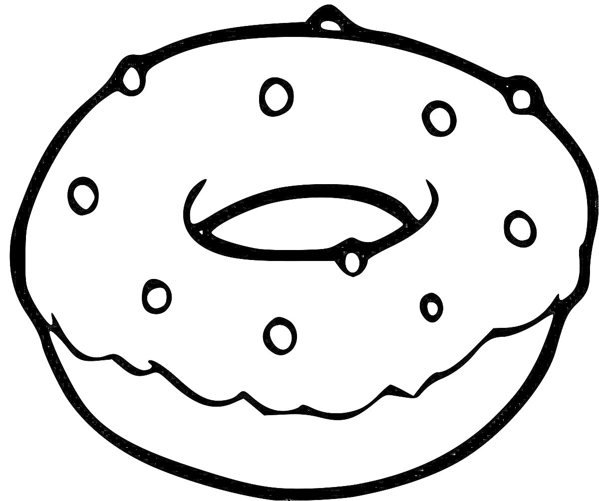 На раскраске изображено: Пончик, Глазурь, Сладости, Выпечка, Посыпка, Десерты, Контурные рисунки