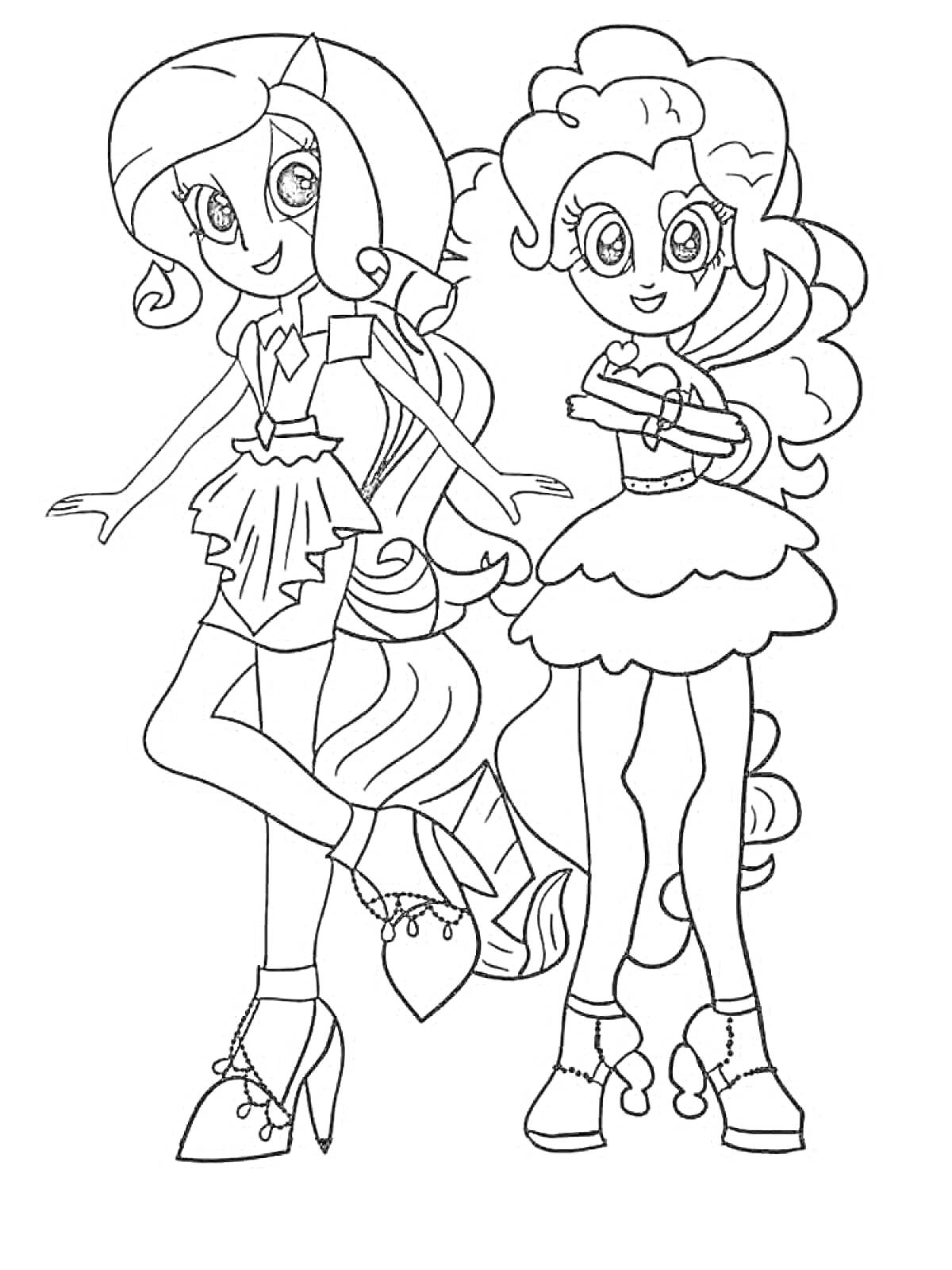Раскраска Две девушки из Эквестрии Герлз, одна с длинными волнистыми волосами и юбкой со складками, другая с кудрявыми волосами и пышной юбкой.