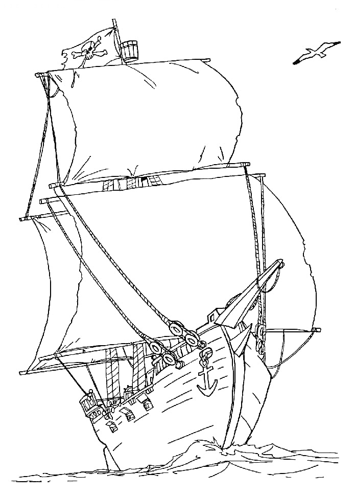Раскраска Парусный корабль с тремя парусами, пиратским флагом, якорем и чайкой