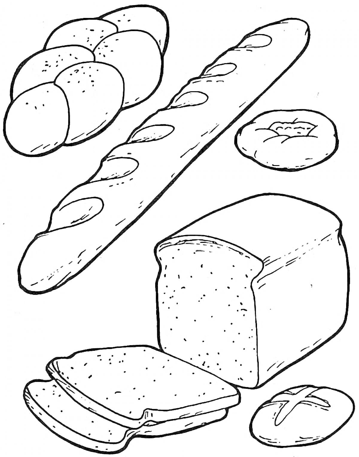 Раскраска Бублик, багет, булка с рисунком, нарезной тостовый хлеб, круглые булочки