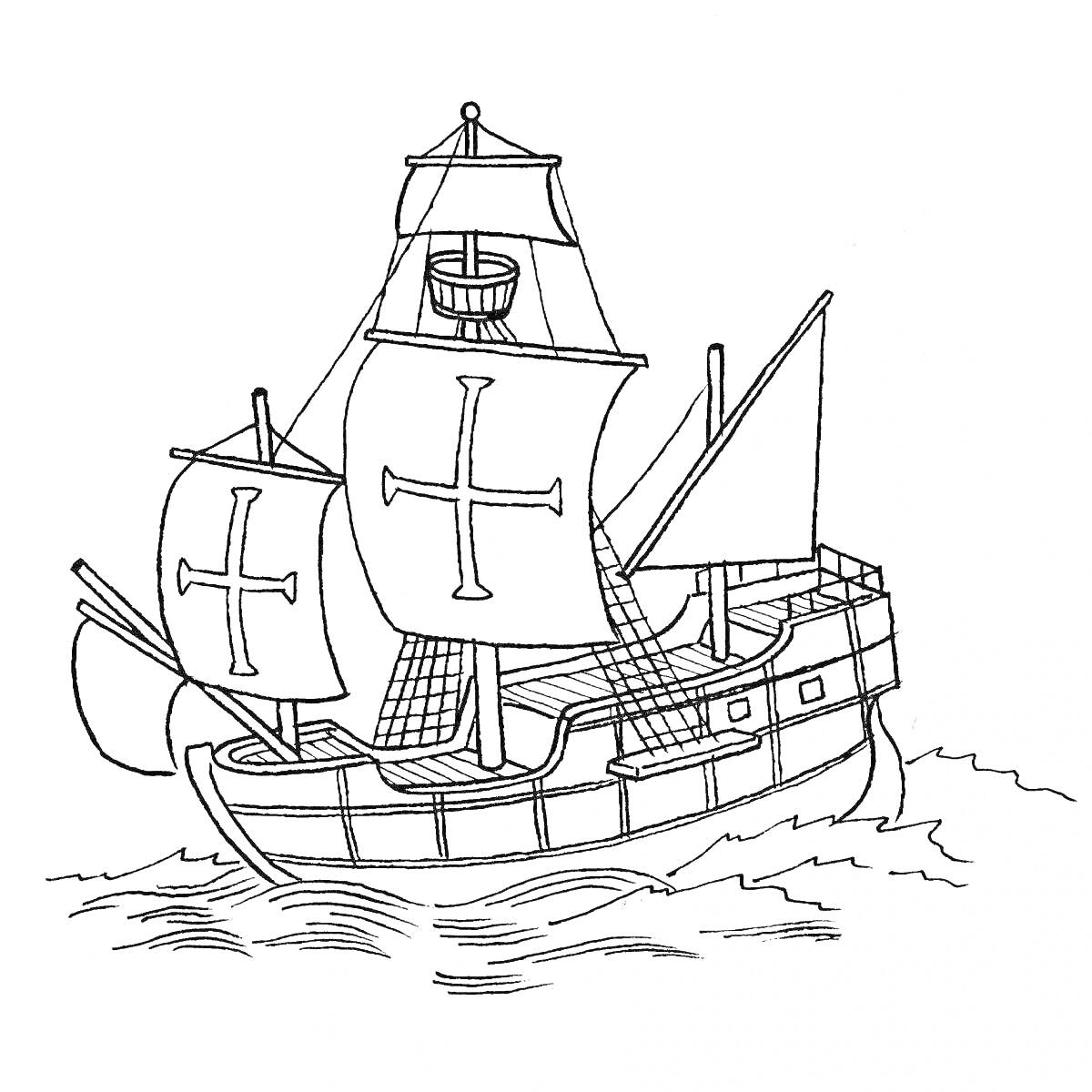 На раскраске изображено: Корабль, Паруса, Море, Волны, Петр 1, Для детей