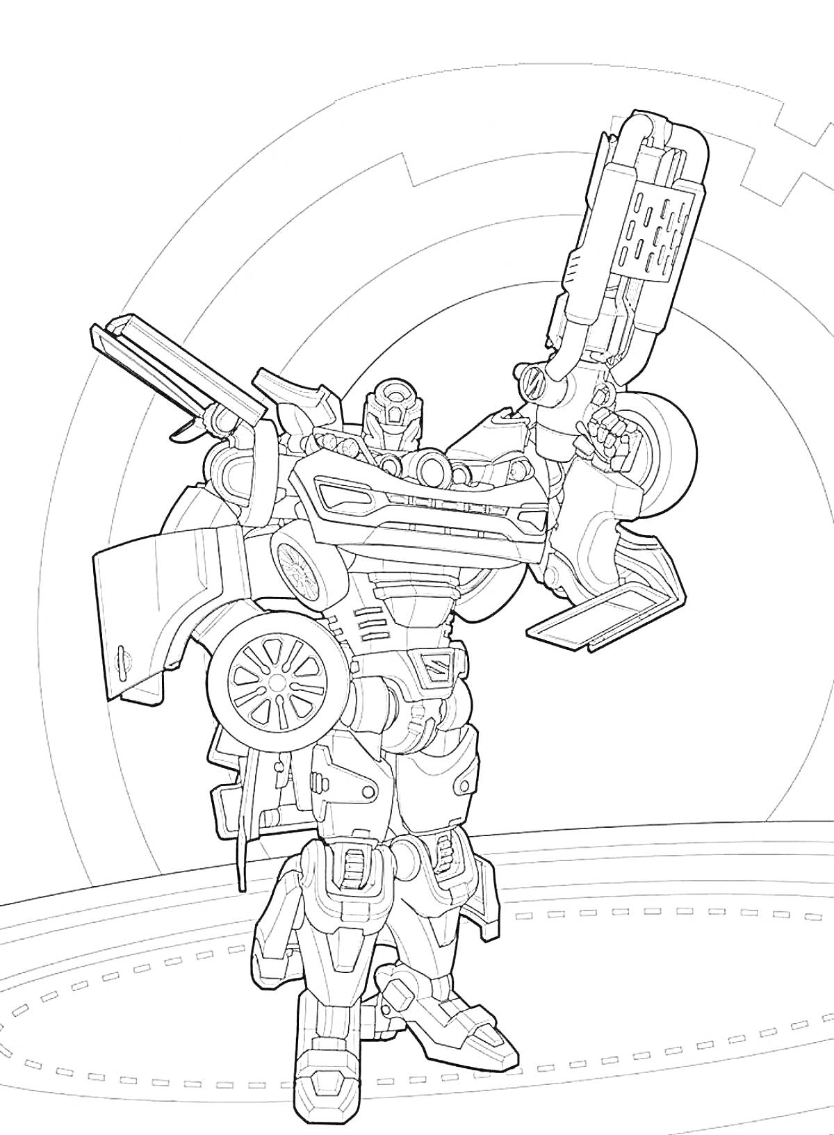Раскраска Робот-тиран с оружием и автомобильными элементами на фоне круговых узоров