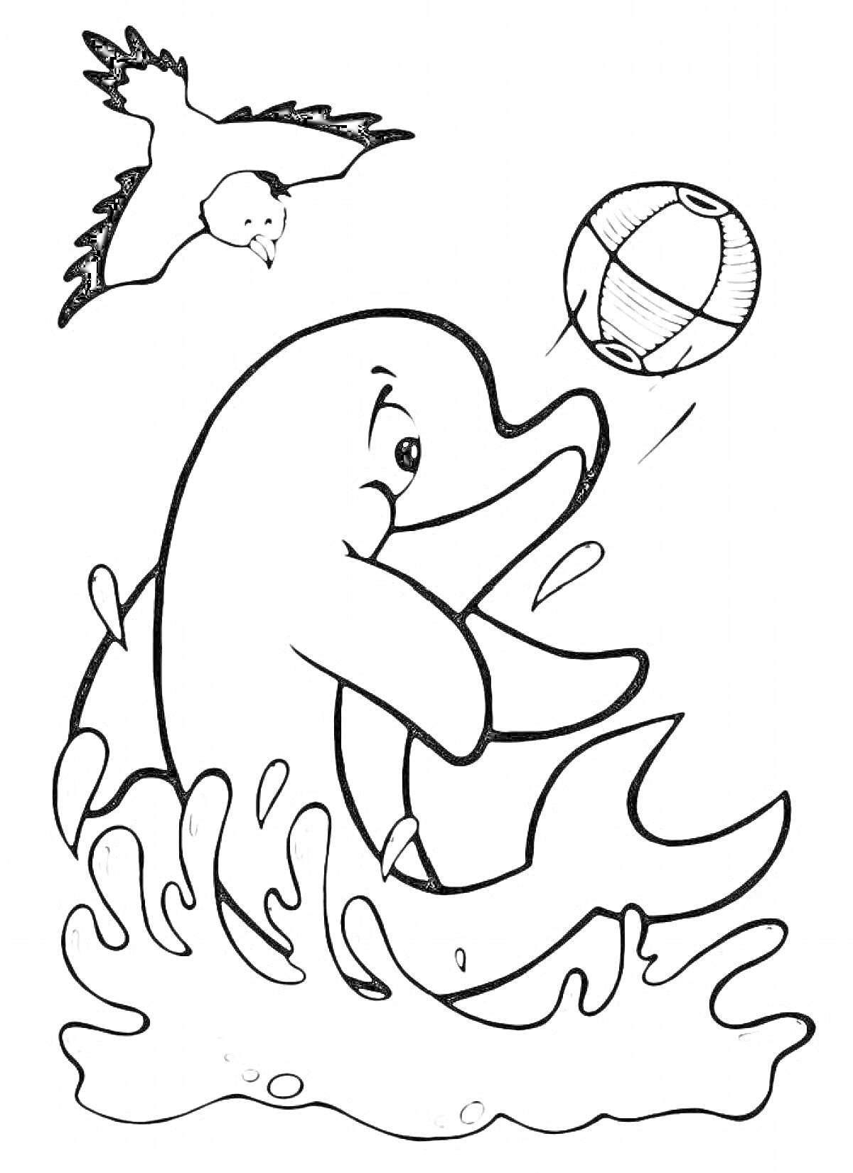 На раскраске изображено: Вода, Море, Природа, Животные, Брызги, Дельфины, Мячи, Прыжки, Чайки